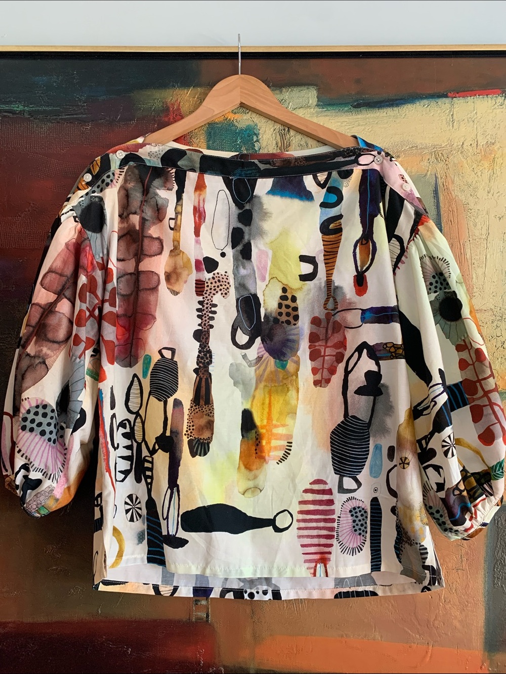 Rachel Comey “Whisk” Abstract Silk/Cotton Watercolour Blouse, Sz M-L